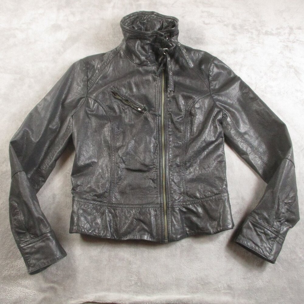 All Saints Belvedere Leather Jacket Women Black US 6 Fitted High Neck Moto Biker